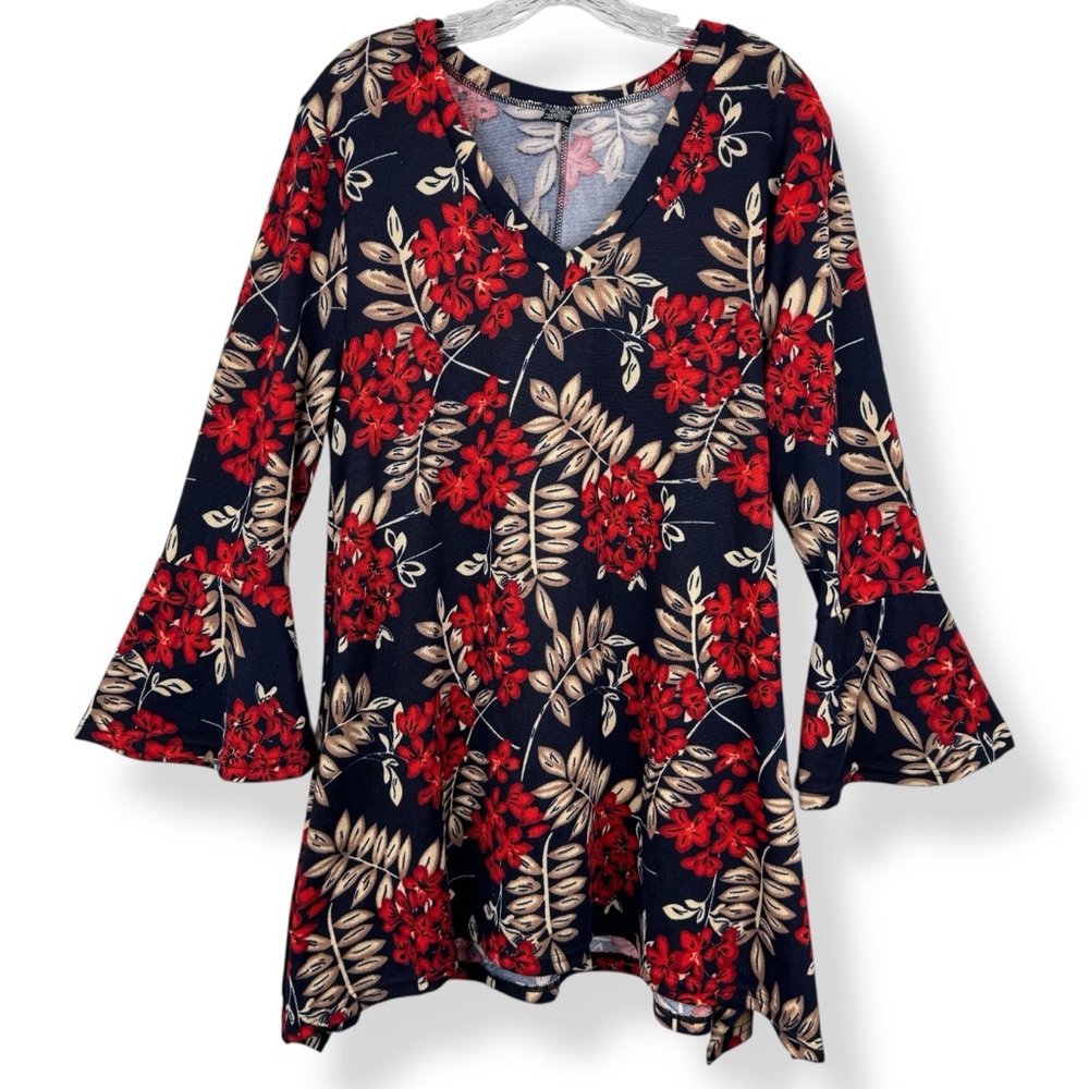 Win Win Tunic Top Juniors L-XL Navy Beige Red Floral Long Bell Sleeve V-neck